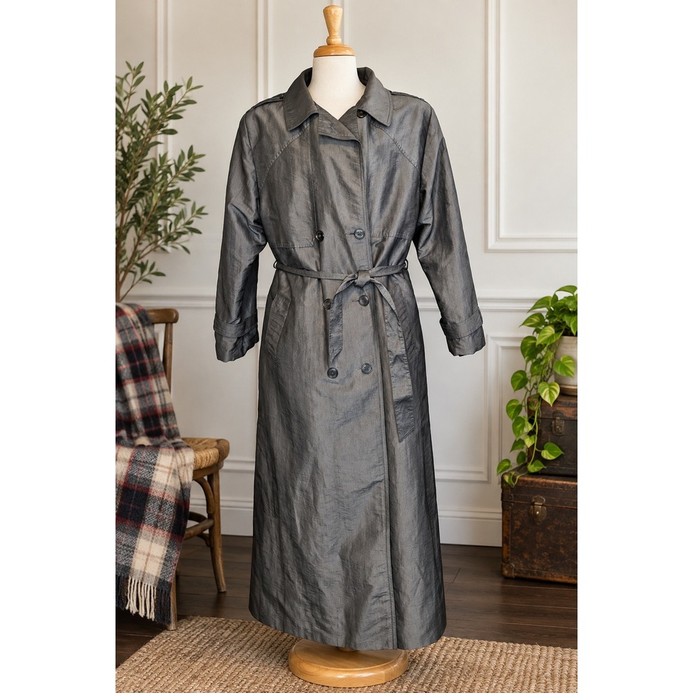 Vintage 80s Metallic Grey Maxi Trench Coat Plaid Liner Union Made Canada XL